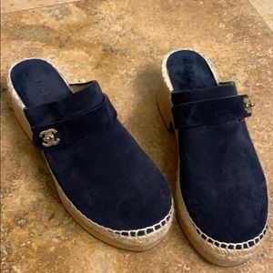 CHANEL Navy Turnlock Suede Wood Heel Clogs/Slides